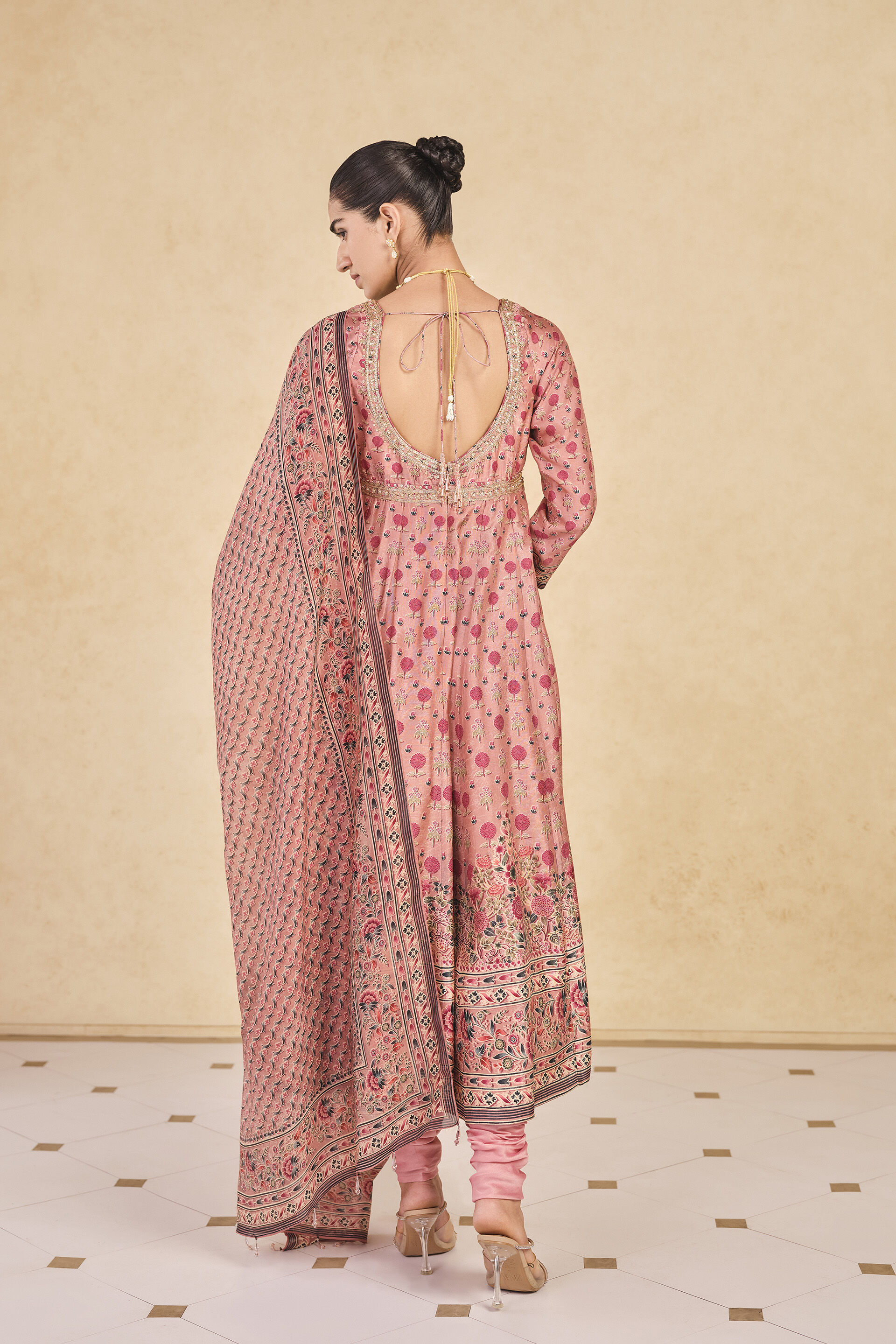 Celosia Printed Silk Anarkali Suit Set - Pink